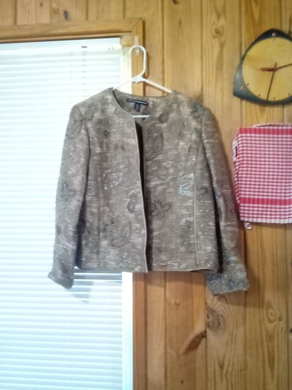 LindaAllardEllenTracy Open Front 14 Wool Alpaca Blend Tan Blazer Silver Gold